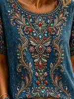 Navy Blue Vintage Gem Paisley 3D Print Crew Neck Short Sleeve Casual T-Shirt