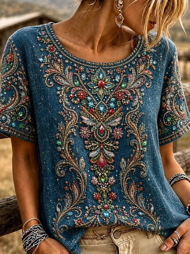 Navy Blue Vintage Gem Paisley 3D Print Crew Neck Short Sleeve Casual T-Shirt
