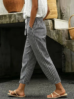 Black Gingham Plaid Elastic Drawstring Waist Casual Ankle Length Harem Pants