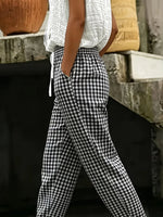 Black Gingham Plaid Elastic Drawstring Waist Casual Ankle Length Harem Pants
