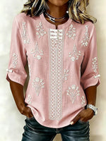 Pink Mandarin Frog Button Floral Embroidery Lace Panel Half Sleeve Blouse