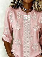 Pink Mandarin Frog Button Floral Embroidery Lace Panel Half Sleeve Blouse