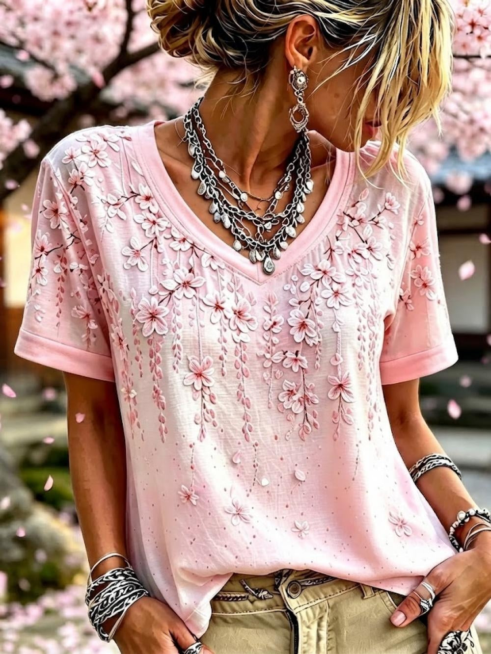 Pink Gradient Cherry Blossom 3D Floral Embroidery V-Neck Short Sleeve Vintage T-Shirt