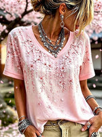 Pink Gradient Cherry Blossom 3D Floral Embroidery V-Neck Short Sleeve Vintage T-Shirt