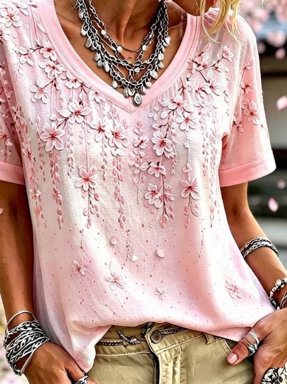 Pink Gradient Cherry Blossom 3D Floral Embroidery V-Neck Short Sleeve Vintage T-Shirt