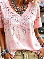 Pink Gradient Cherry Blossom 3D Floral Embroidery V-Neck Short Sleeve Vintage T-Shirt