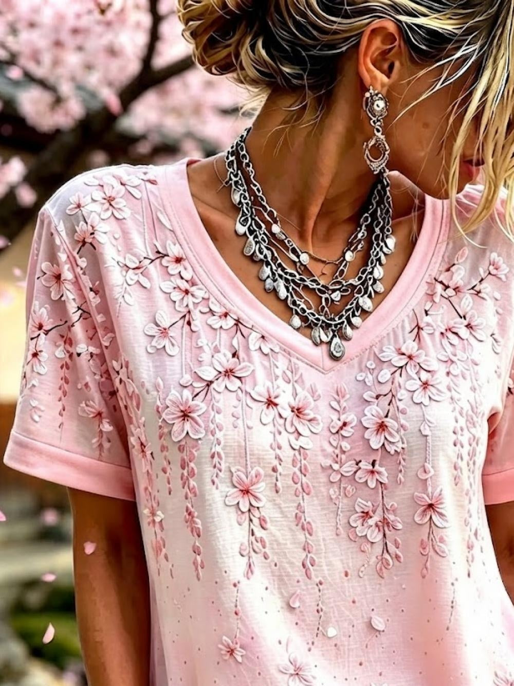 Pink Gradient Cherry Blossom 3D Floral Embroidery V-Neck Short Sleeve Vintage T-Shirt