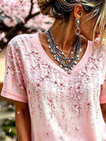 Pink Gradient Cherry Blossom 3D Floral Embroidery V-Neck Short Sleeve Vintage T-Shirt
