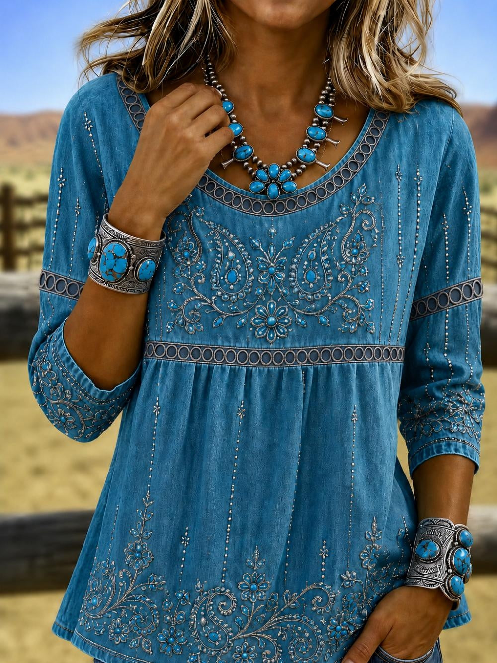 Blue Denim-Look Paisley Turquoise Floral Embroidery Scoop Neck Peplum Three-Quarter Sleeve Loose Blouse