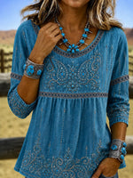 Blue Denim-Look Paisley Turquoise Floral Embroidery Scoop Neck Peplum Three-Quarter Sleeve Loose Blouse