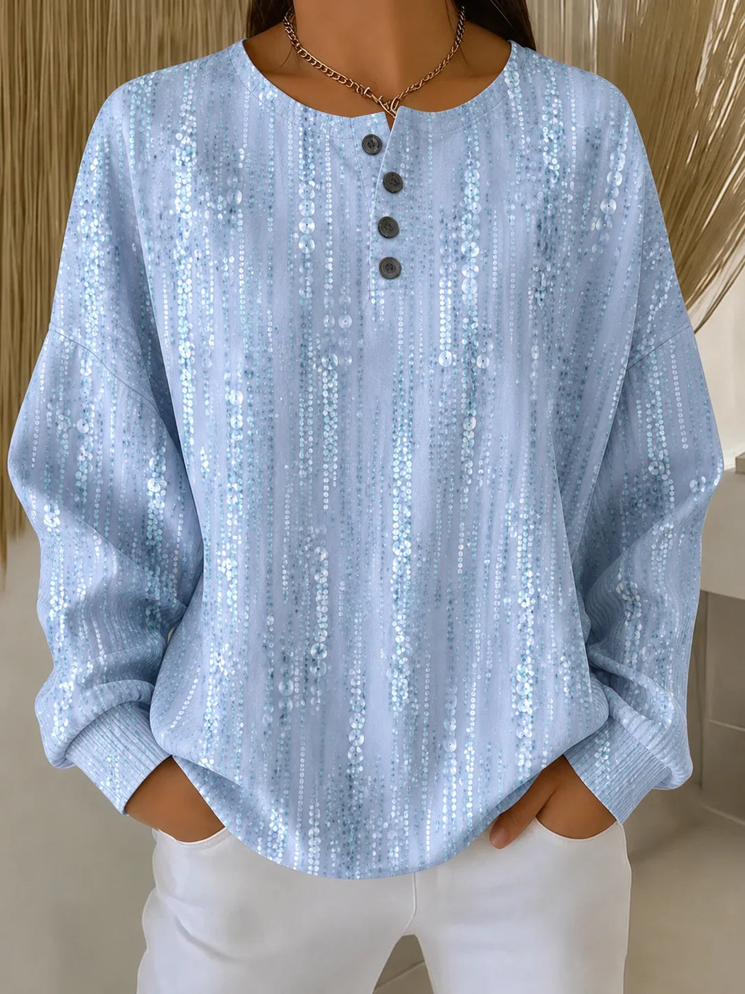 Light Blue Vertical Glitter Abstract Four-Button Henley Crew Neck Long Sleeve Sweatshirt
