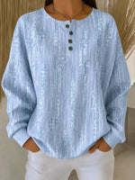 Light Blue Vertical Glitter Abstract Four-Button Henley Crew Neck Long Sleeve Sweatshirt