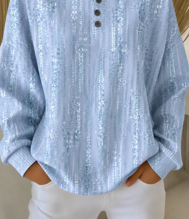 Light Blue Vertical Glitter Abstract Four-Button Henley Crew Neck Long Sleeve Sweatshirt