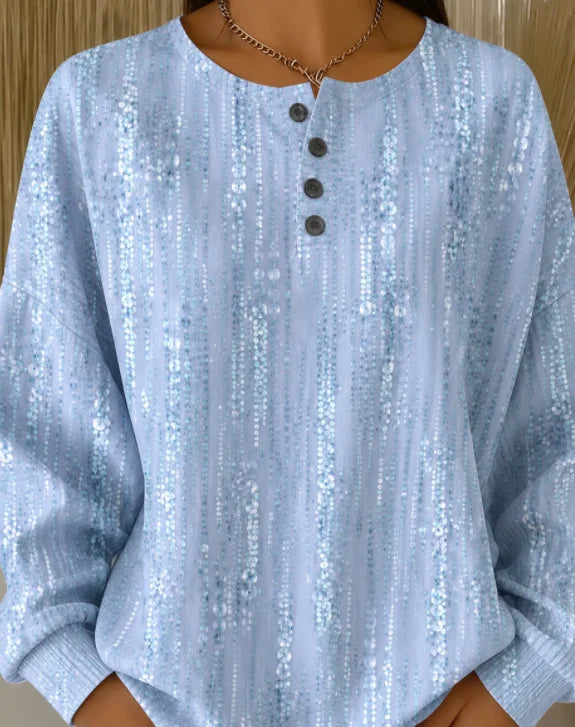 Light Blue Vertical Glitter Abstract Four-Button Henley Crew Neck Long Sleeve Sweatshirt