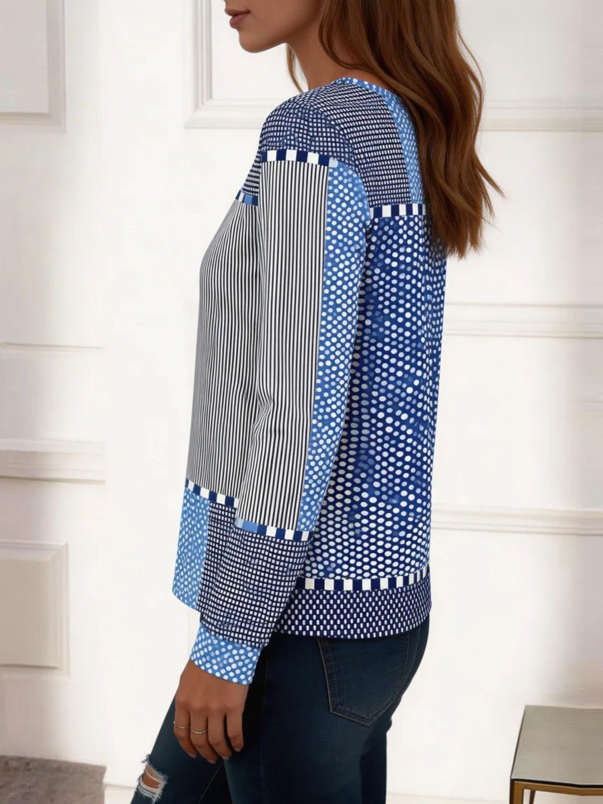 Women Geometric Patchwork Print Crew Neck Long Sleeve Casual T-shirt
