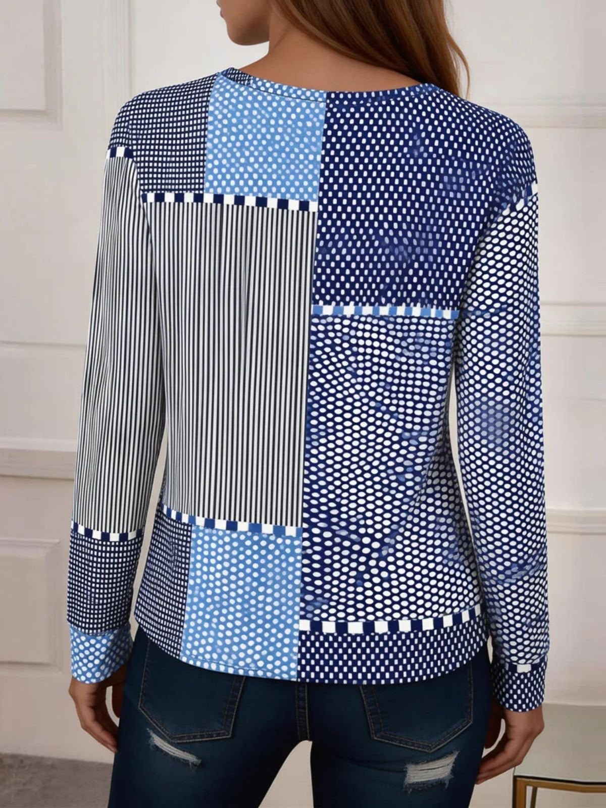 Women Geometric Patchwork Print Crew Neck Long Sleeve Casual T-shirt