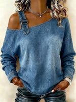 Women Blue Denim Texture Off Shoulder Buckle Strap Long Sleeve Top