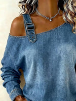 Women Blue Denim Texture Off Shoulder Buckle Strap Long Sleeve Top