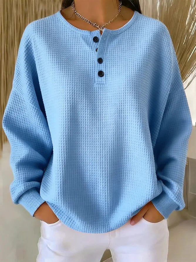 Solid Waffle Knit Henley Neck Long Sleeve Top