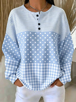 Striped Polka Dot Plaid Spliced Henley Sweatshirt