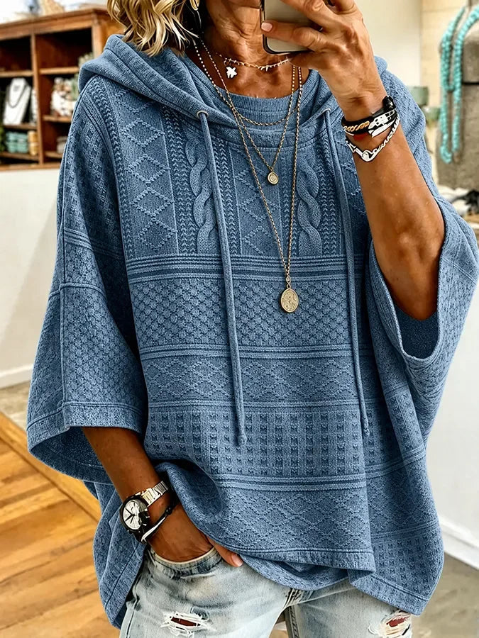 Blue Jacquard Cable Knit Half Sleeve Oversized Drawstring Hooded Top
