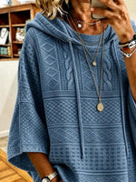 Blue Jacquard Cable Knit Half Sleeve Oversized Drawstring Hooded Top