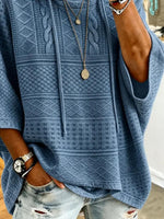 Blue Jacquard Cable Knit Half Sleeve Oversized Drawstring Hooded Top