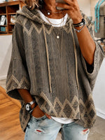 Brown Chevron Abstract Textured Half Sleeve Loose Drawstring Hooded Top