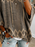 Brown Chevron Abstract Textured Half Sleeve Loose Drawstring Hooded Top