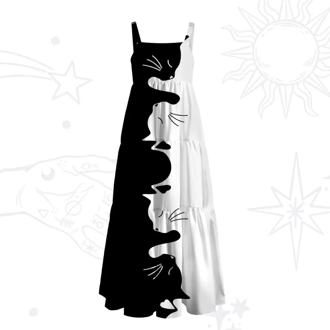 Yin Yang Cat Lover Wide Strap Flowy Maxi Dress