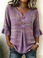V Neck Half Sleeve Striped Casual Blouse For Women