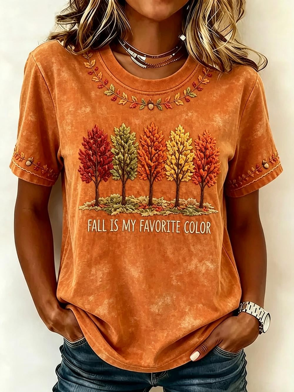 Fall Tree Print Crew Neck Short Sleeve Casual T-shirt