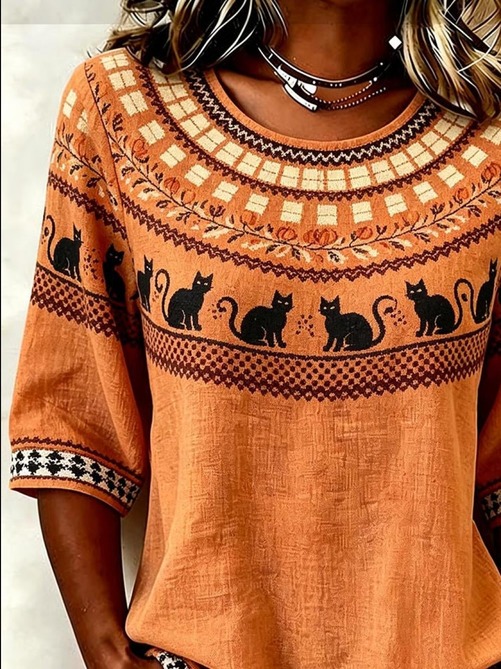 Vintage Crew Neck Half Sleeve Halloween Printing Regular Micro-Elasticity Regular Fit Blouse For Women