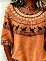 Vintage Crew Neck Half Sleeve Halloween Printing Regular Micro-Elasticity Regular Fit Blouse For Women