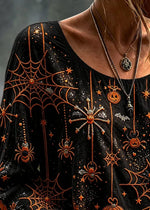 Halloween Spider Web Pumpkin Print Crew Neck Long Sleeve Blouse