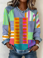 Colorful Patchwork Stripe Denim Spliced Crew Neck Long Sleeve Sweatshirt