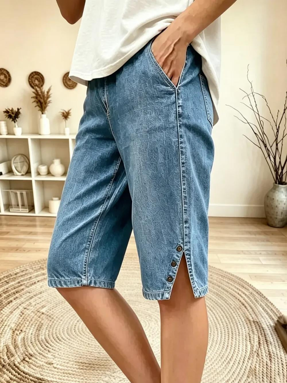 Vintage Plain Natural Printing Straight Pants Shorts