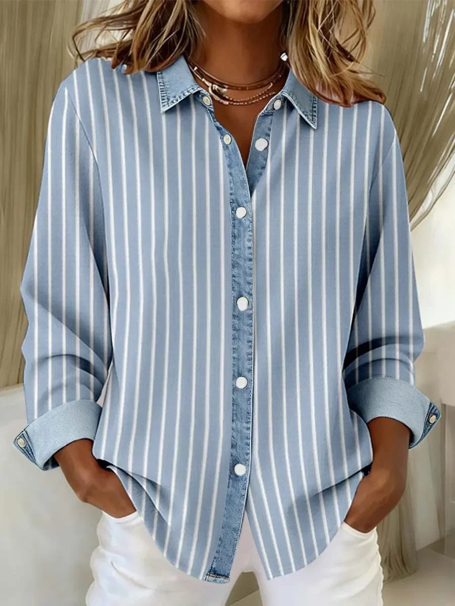 Women Abstract Casual Shirt Shirt Collar Long Sleeve Buckle Top