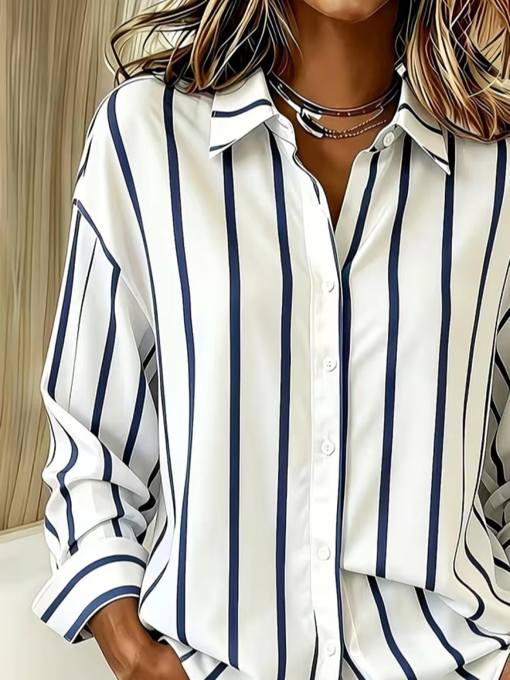 Women Striped Casual Shirt Shirt Collar Long Sleeve Buckle Top