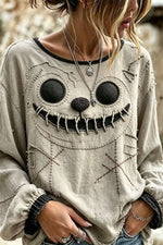 Women's Halloween Beige Stitched Ghost Face Print Round Neck Long Sleeve Blouse