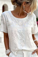 White Floral Embroidery Round Neck Short Sleeve Lace Trim Blouse