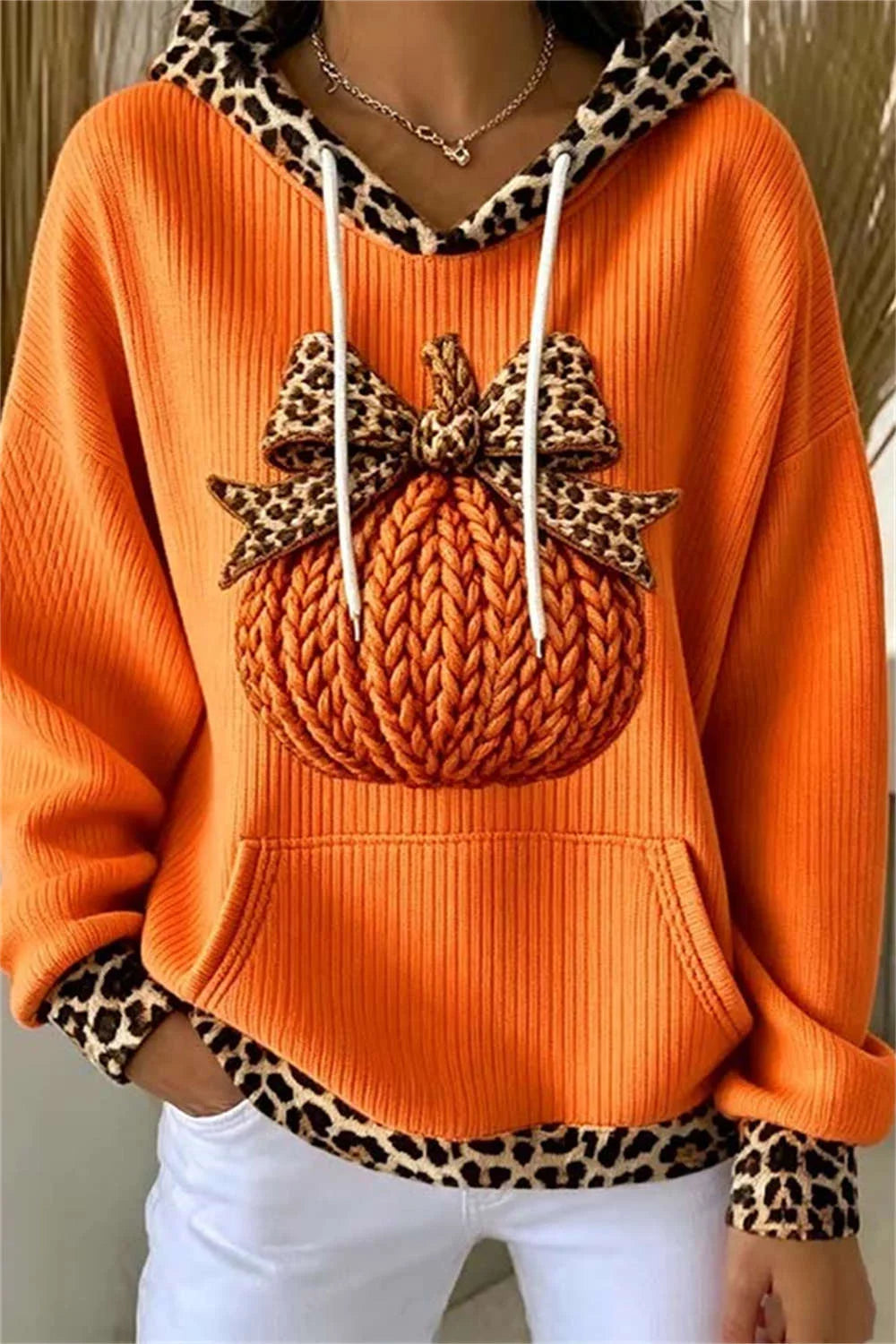 Women's Halloween Orange Knitted Pumpkin Leopard Bow Patchwork Print Hoodie