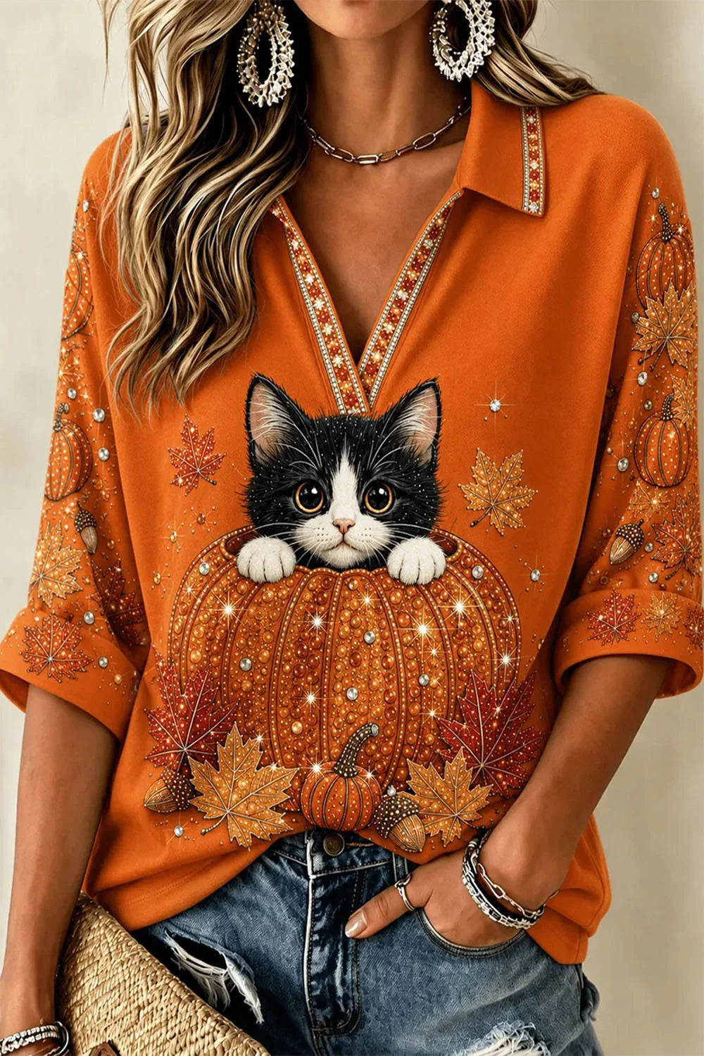 Women's Halloween Orange Cat Pumpkin Print Collared 3/4 Sleeve Top
