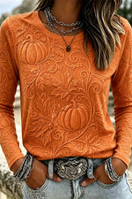 Women's Halloween Orange Pumpkin Leaf Embossed Round Neck Long Sleeve Top