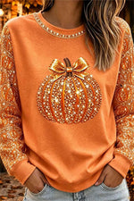 Women's Halloween Orange Pumpkin Print Round Neck Long Sleeve Top