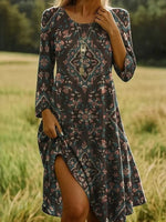 Vintage Floral Print Round Neck Long Sleeve Dress
