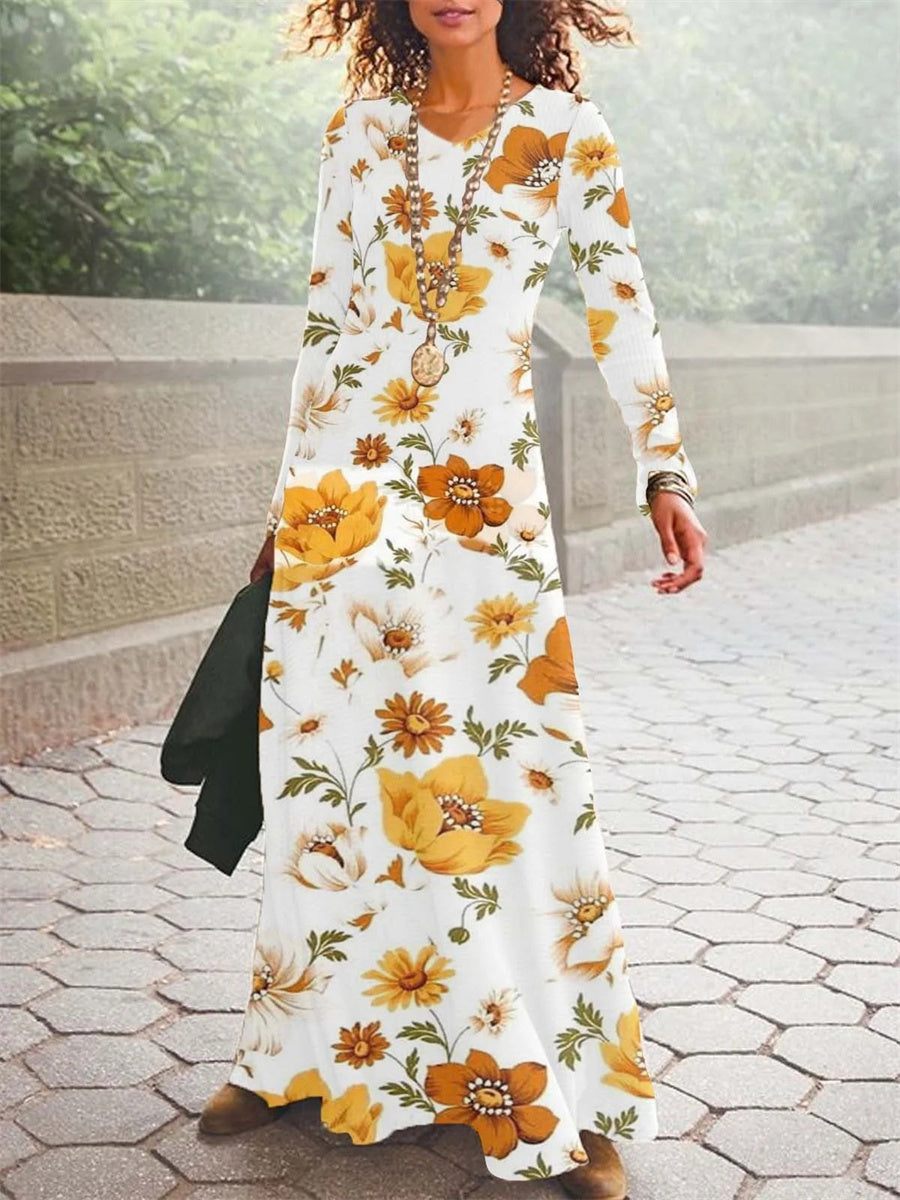 Yellow Floral V Neck Long Sleeve Maxi Dress