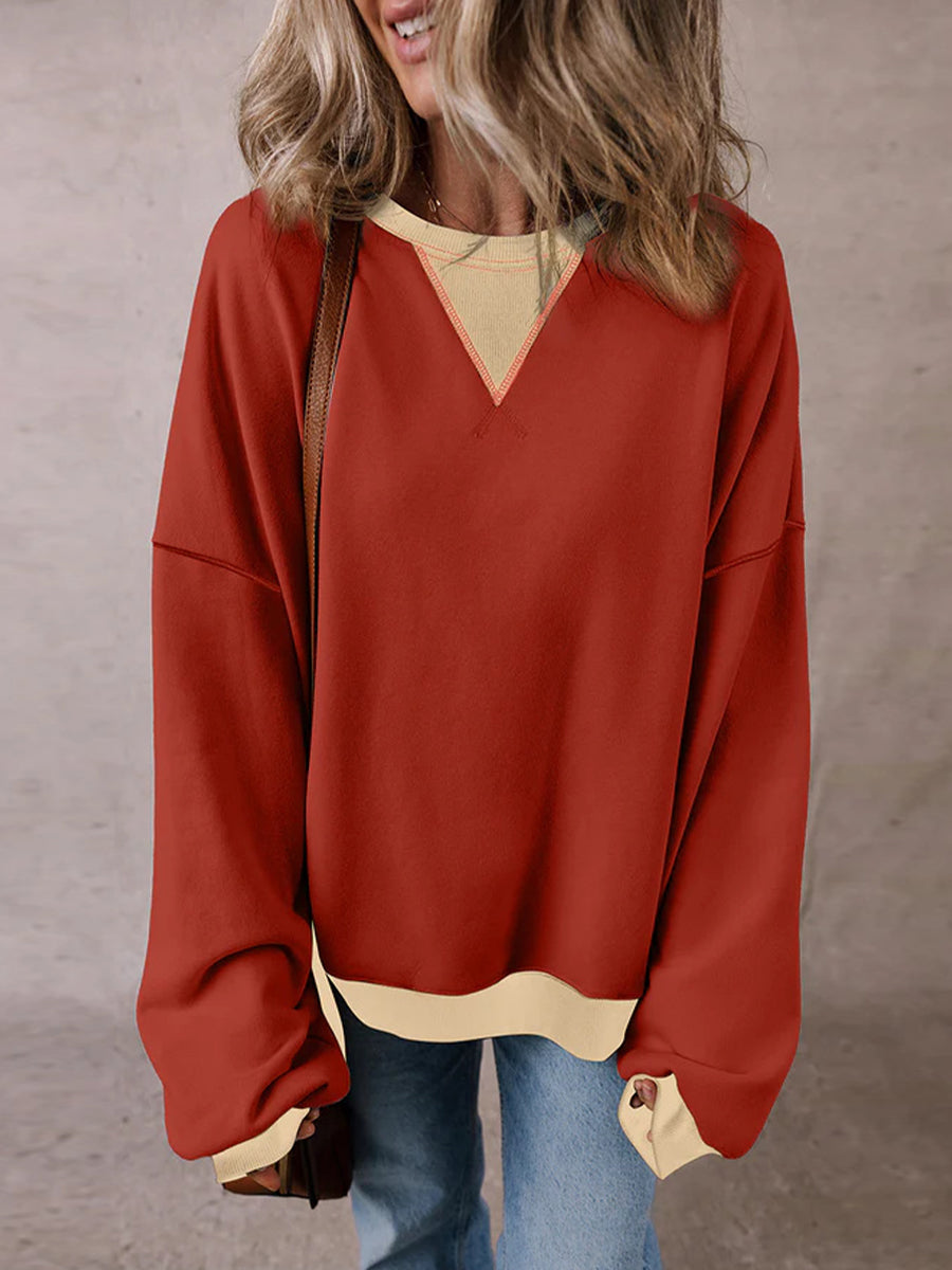 Red Clay Color Block Patch Drop Shoulder Oversized Sweatshirt