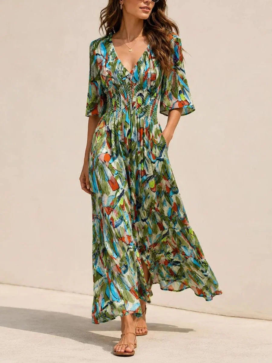 Abstract Floral Smocked Waist Ruffle 3/4 Sleeve Midi Dress