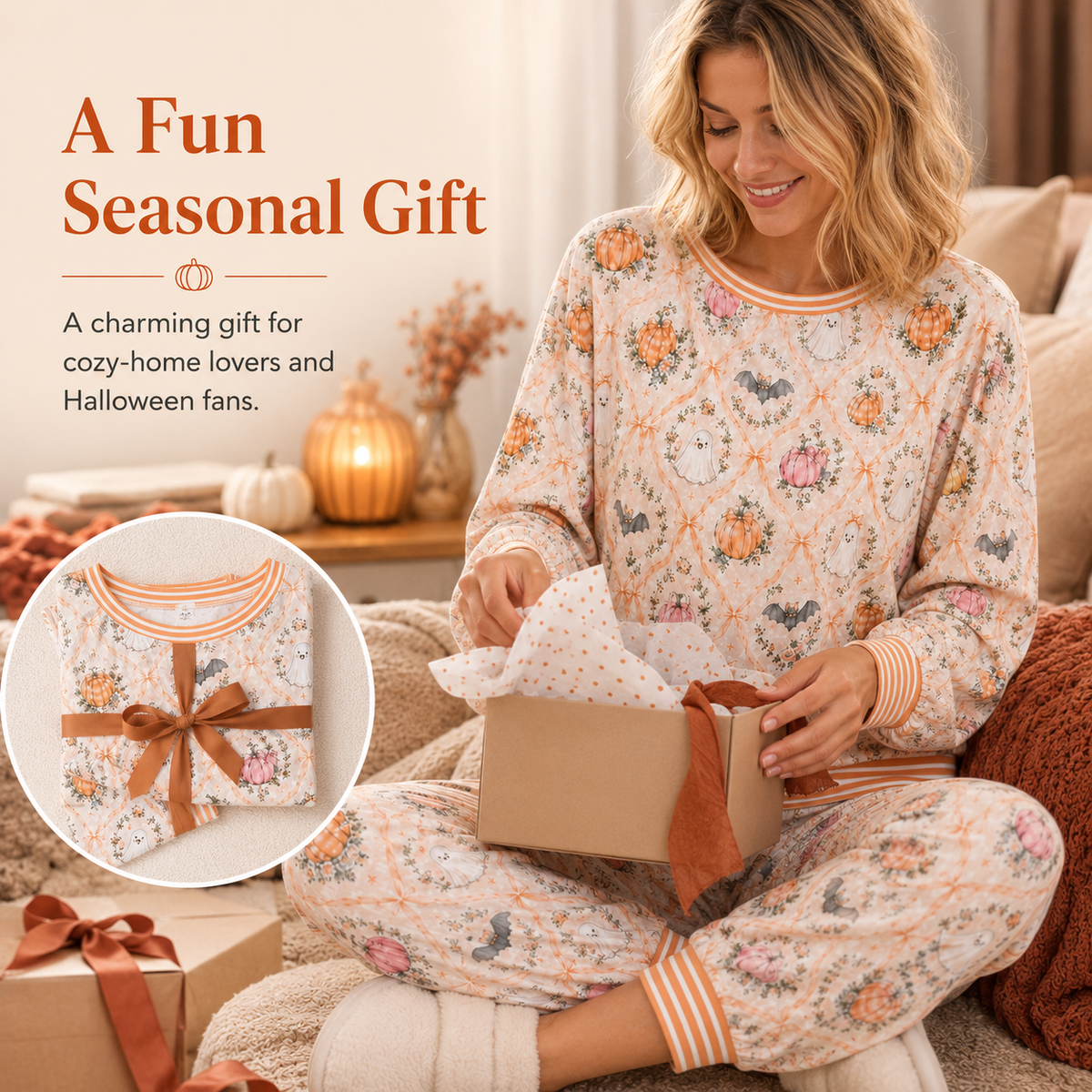 Women’s Halloween Pumpkin & Ghost Pajama Set